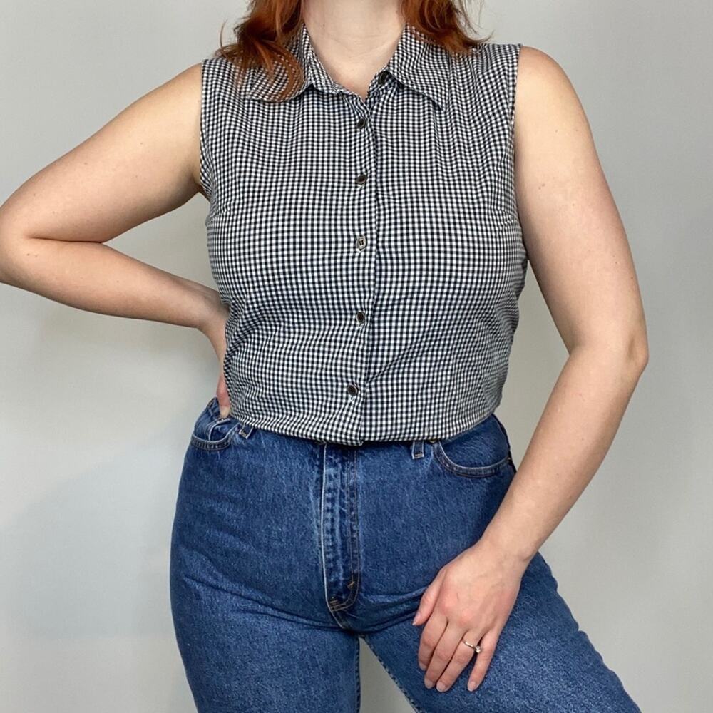 Vintage 90s Chadwick's Black & White Plaid Gingham Print Sleeveless Blouse